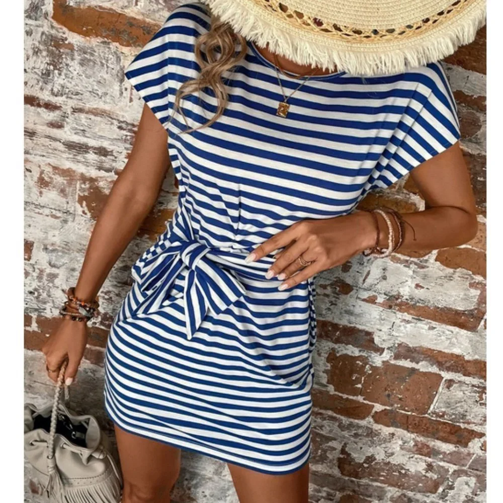 Nautical Womens Striped Batwing Sleeve Knot Front Dress - Picture 3 of 6